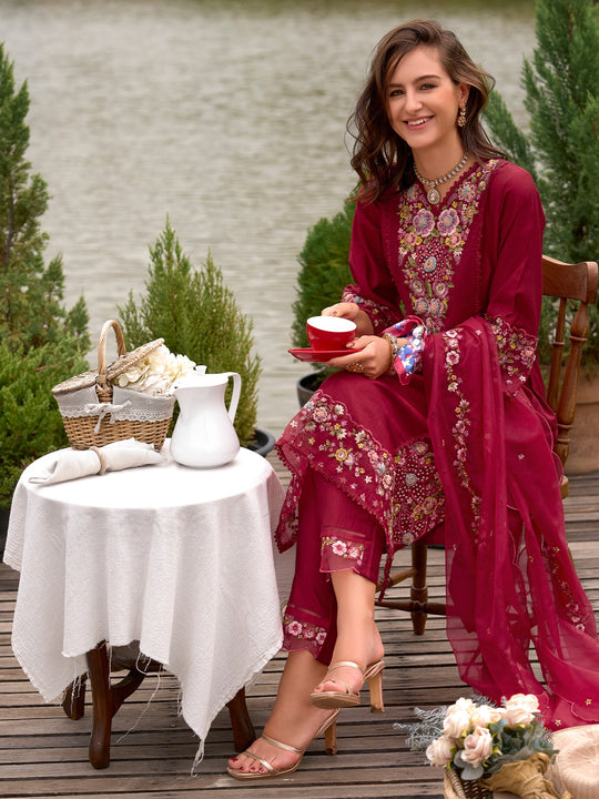 Maroon Embroidered Straight Cotton Blend Suit Set With Dupatta
