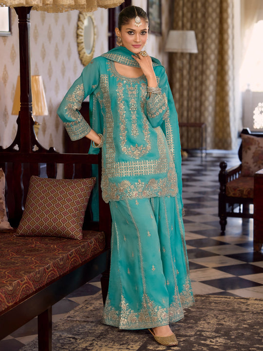 Indo Era Blue Embroidered Straight Kurta Palazzos With Dupatta Set