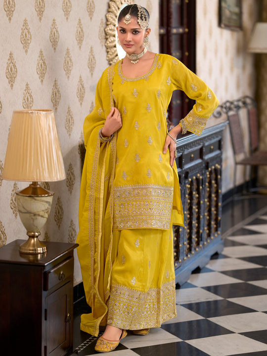 Indo Era Mustard Embroidered Straight Kurta Palazzos With Dupatta Set