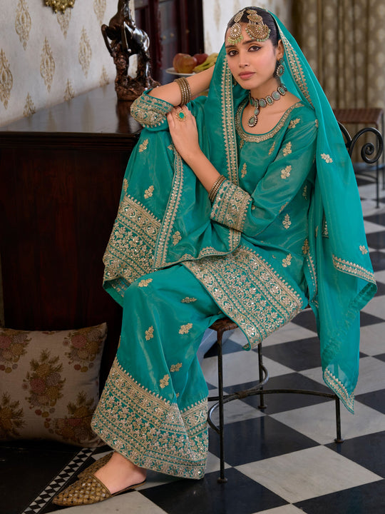 Indo Era Blue Embroidered Straight Kurta Palazzos With Dupatta Set