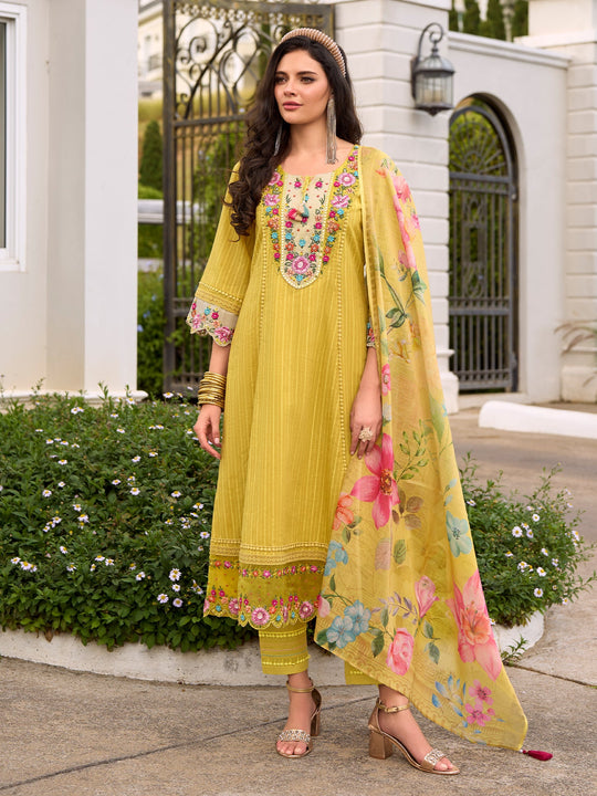 Women Yellow Embroidered Pure Cotton Anarkali Kurta Sets With Dupatta