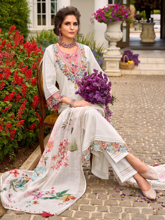 Women Off White Embroidered Pure Cotton Anarkali Kurta Sets With Dupatta