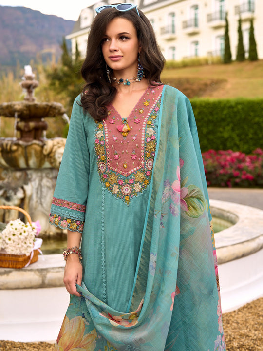 Women Sea Green Embroidered Pure Cotton Anarkali Kurta Sets With Dupatta