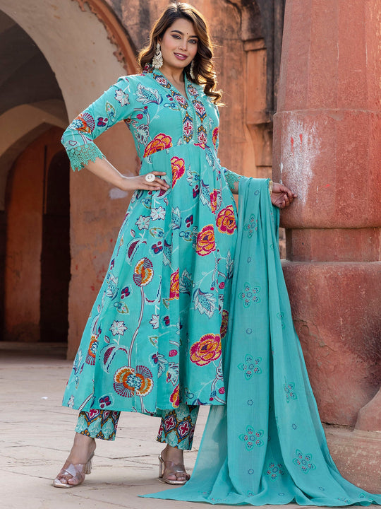 Sea Green Printed Pure Cotton Anarkali Kurta Sets With Dupatta