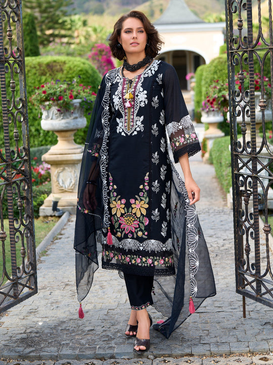 Women Black Embroidered Pure Cotton A-Line Kurta Sets With Dupatta
