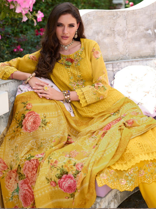Yellow Embroidered Straight Pure Cotton Suit Set With Dupatta