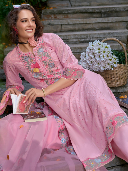 Pink Embroidered Straight Pure Cotton Suit With Dupatta