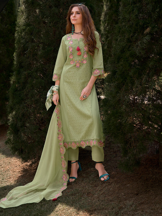 Green Embroidered Straight Pure Cotton Suit With Dupatta