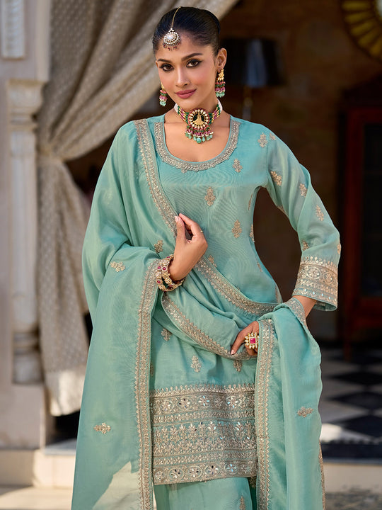 Indo Era Sea Green Embroidered Straight Kurta Palazzos With Dupatta Set