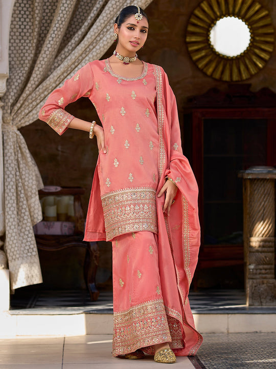 Indo Era Pink Embroidered Straight Kurta Palazzos With Dupatta Set