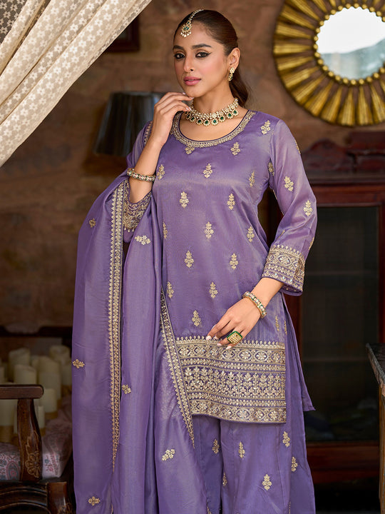 Indo Era Lavender Embroidered Straight Kurta Palazzos With Dupatta Set