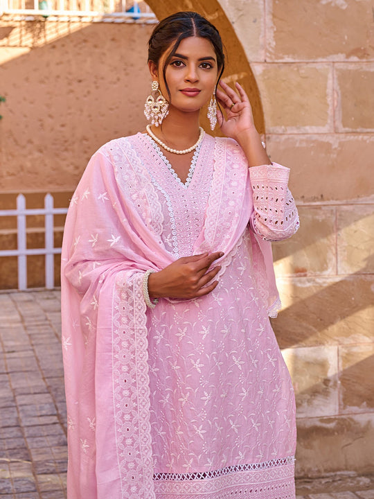 Pink Embroidered Pure Cotton Straight Kurta Sets With Dupatta