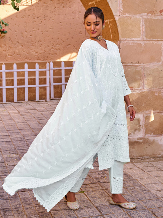 Grey Embroidered Pure Cotton Straight Kurta Sets With Dupatta