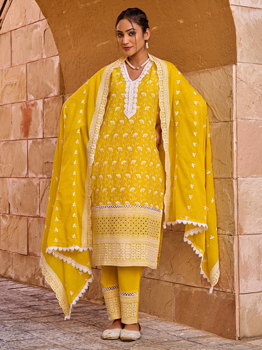 Yellow Embroidered Pure Cotton Straight Kurta Sets With Dupatta