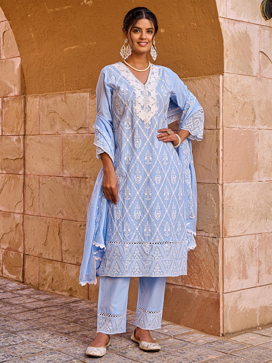 Blue Embroidered Pure Cotton Straight Kurta Sets With Dupatta