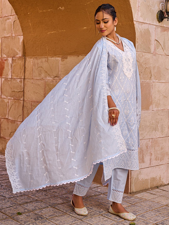Blue Embroidered Pure Cotton Straight Kurta Sets With Dupatta