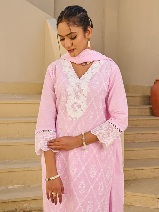 Pink Embroidered Pure Cotton Straight Kurta Sets With Dupatta