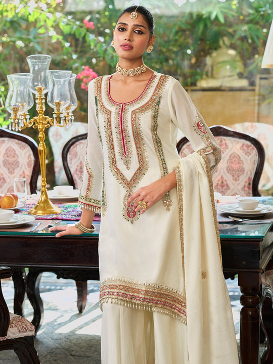 Indo Era White Embroidered A-Line Kurta Palazzos With Dupatta Set