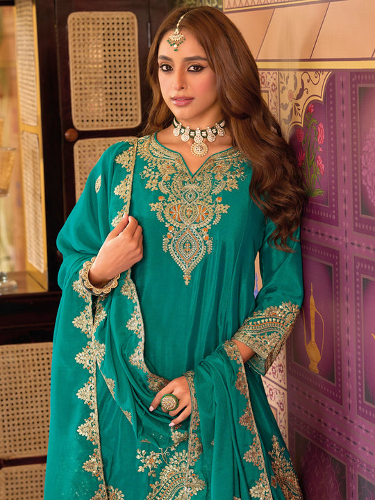 Indo Era Teal Embroidered A-Line Kurta Palazzos With Dupatta Set