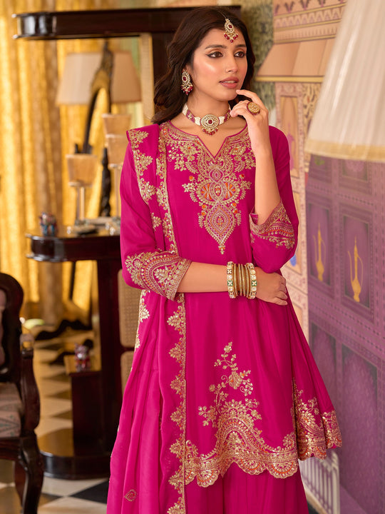 Indo Era Pink Embroidered A-Line Kurta Palazzos With Dupatta Set