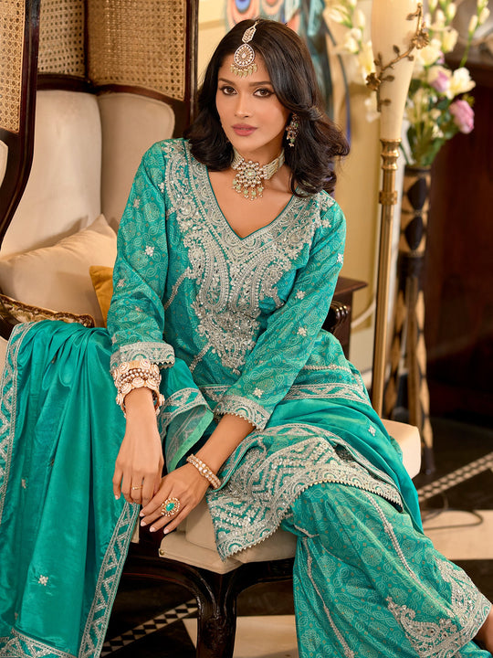 Indo Era Sea Green Embroidered Straight Kurta Palazzos With Dupatta Set