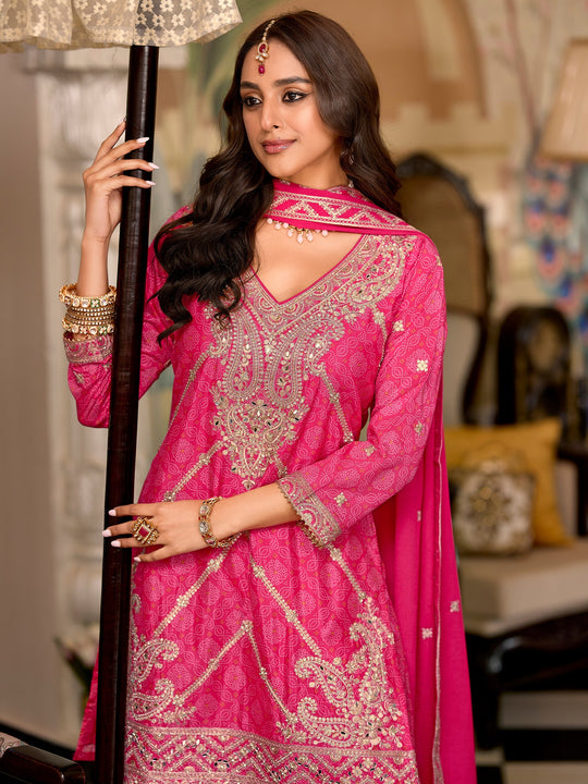 Indo Era Pink Embroidered Straight Kurta Palazzos With Dupatta Set
