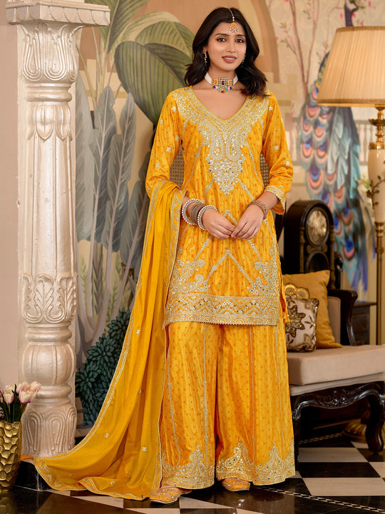 Indo Era Yellow Embroidered Straight Kurta Palazzos With Dupatta Set