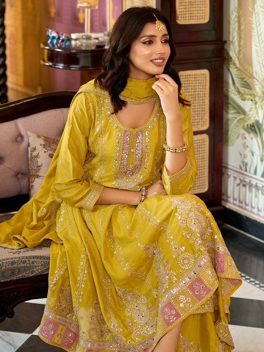 Yellow Embroidered Anarkali Kurta Set With Dupatta