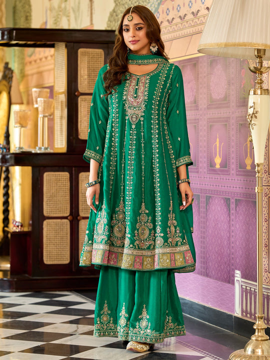 Teal Embroidered Anarkali Kurta Set With Dupatta