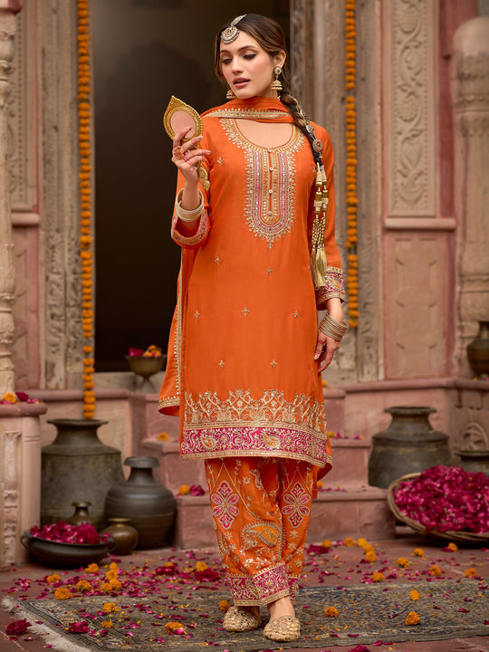 Indo Era Orange Embroidered Straight Kurta Trousers With Dupatta Set