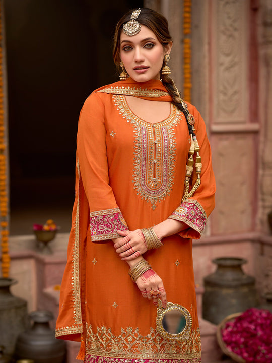 Indo Era Orange Embroidered Straight Kurta Trousers With Dupatta Set