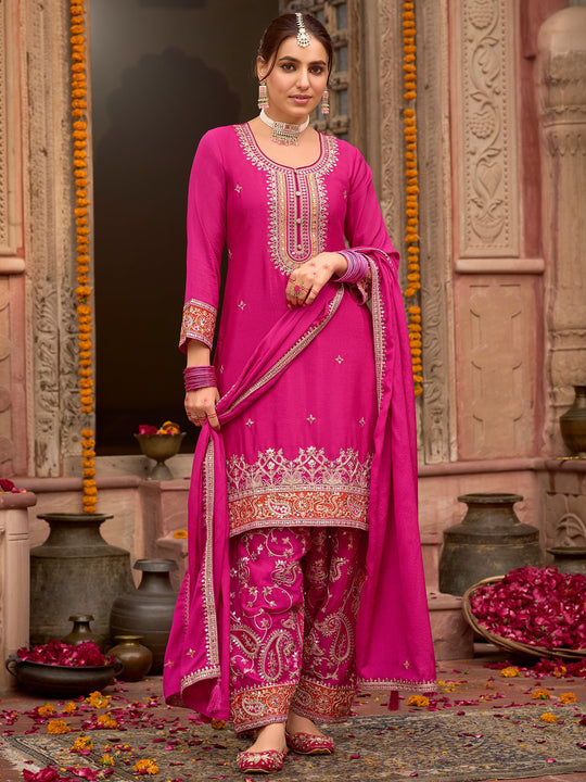 Indo Era Pink Embroidered Straight Kurta Trousers With Dupatta Set