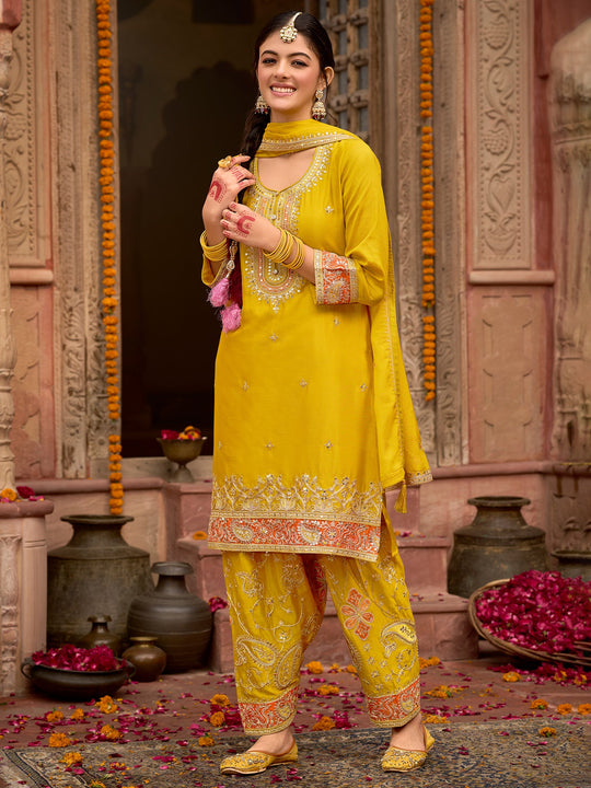 Indo Era Yellow Embroidered Straight Kurta Trousers With Dupatta Set