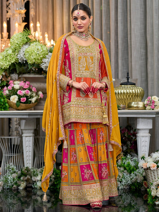 Multi Embroidered Straight Kurta Palazzos With Dupatta