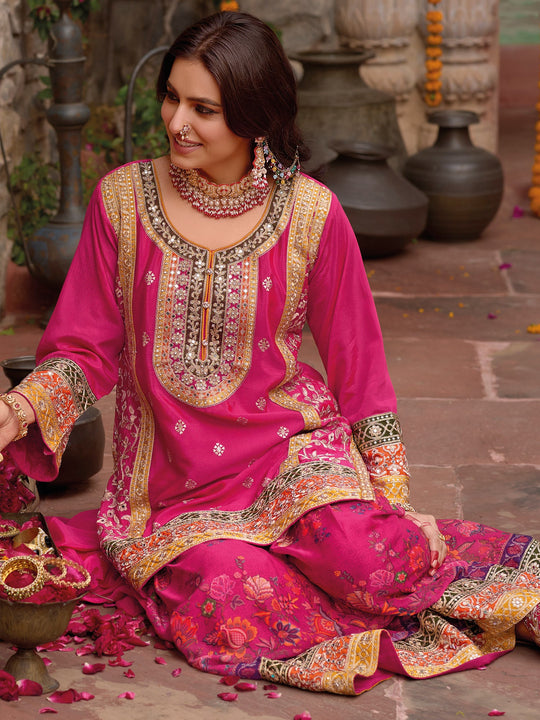 Indo Era Pink Embroidered Straight Kurta Sharara With Dupatta Set