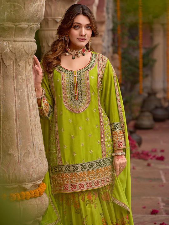 Indo Era Green Embroidered Straight Kurta Sharara With Dupatta Set