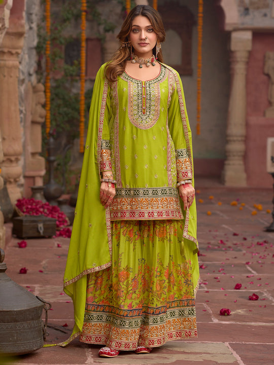 Indo Era Green Embroidered Straight Kurta Sharara With Dupatta Set