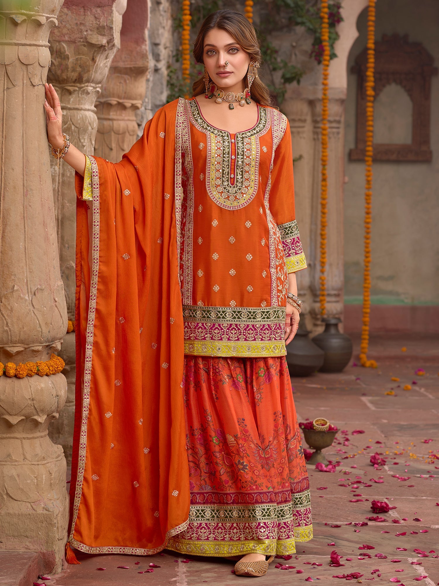 indo era, suit, kurta set for women, indo era kurta, kurta sets for ladies, summer dresses for women, 3 piece suit, cotton kurta set for women, new arrivals, women kurti plazo set, women in suit, kurta suit, floral kurta, short suit, spring summer, Orange suit