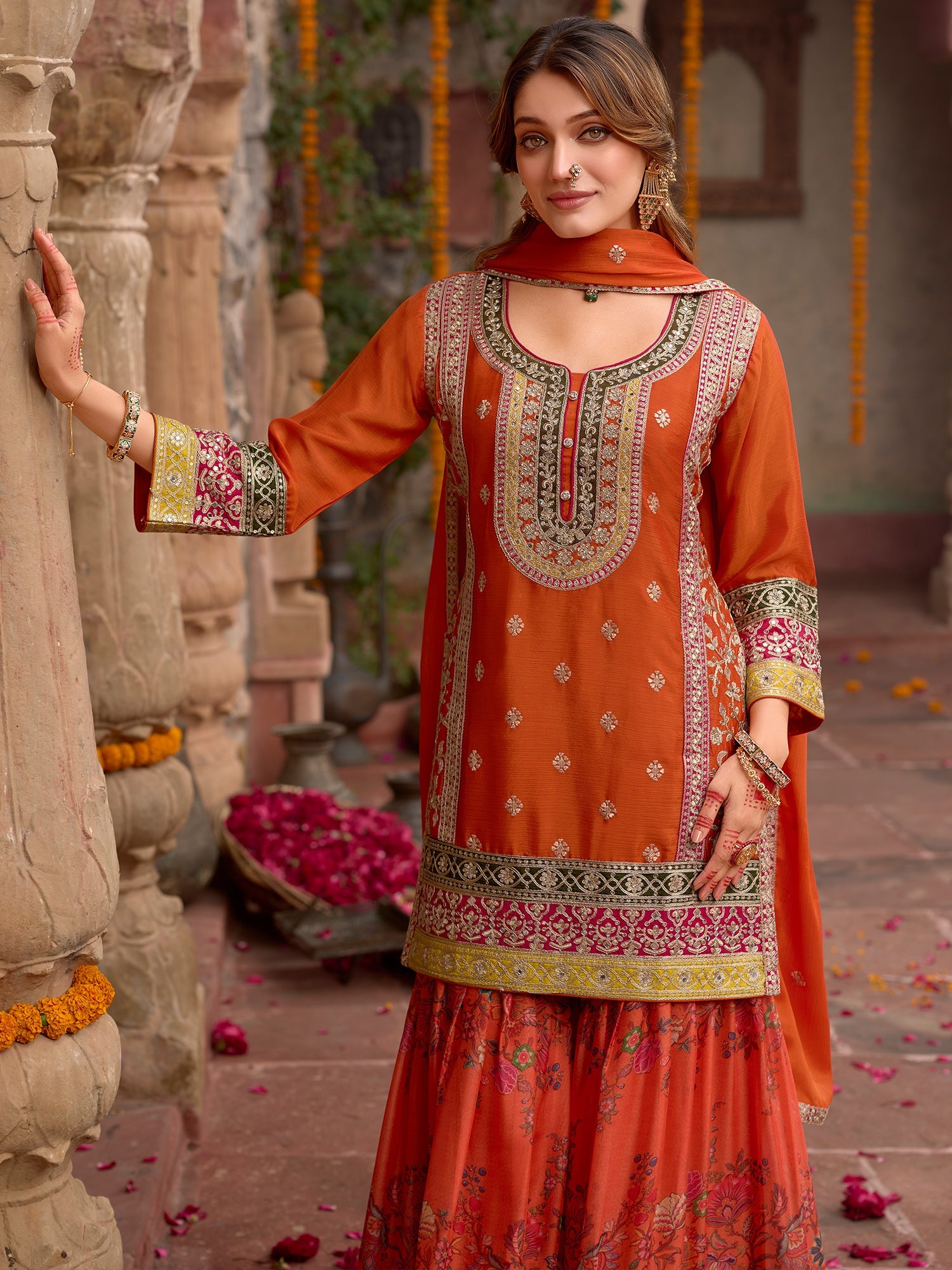 indo era, suit, kurta set for women, indo era kurta, kurta sets for ladies, summer dresses for women, 3 piece suit, cotton kurta set for women, new arrivals, women kurti plazo set, women in suit, kurta suit, floral kurta, short suit, spring summer, Orange suit