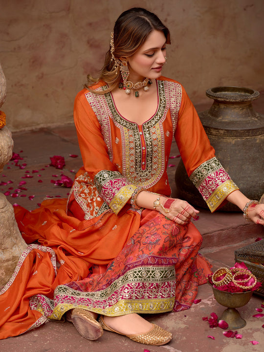 Indo Era Orange Embroidered Straight Kurta Sharara With Dupatta Set