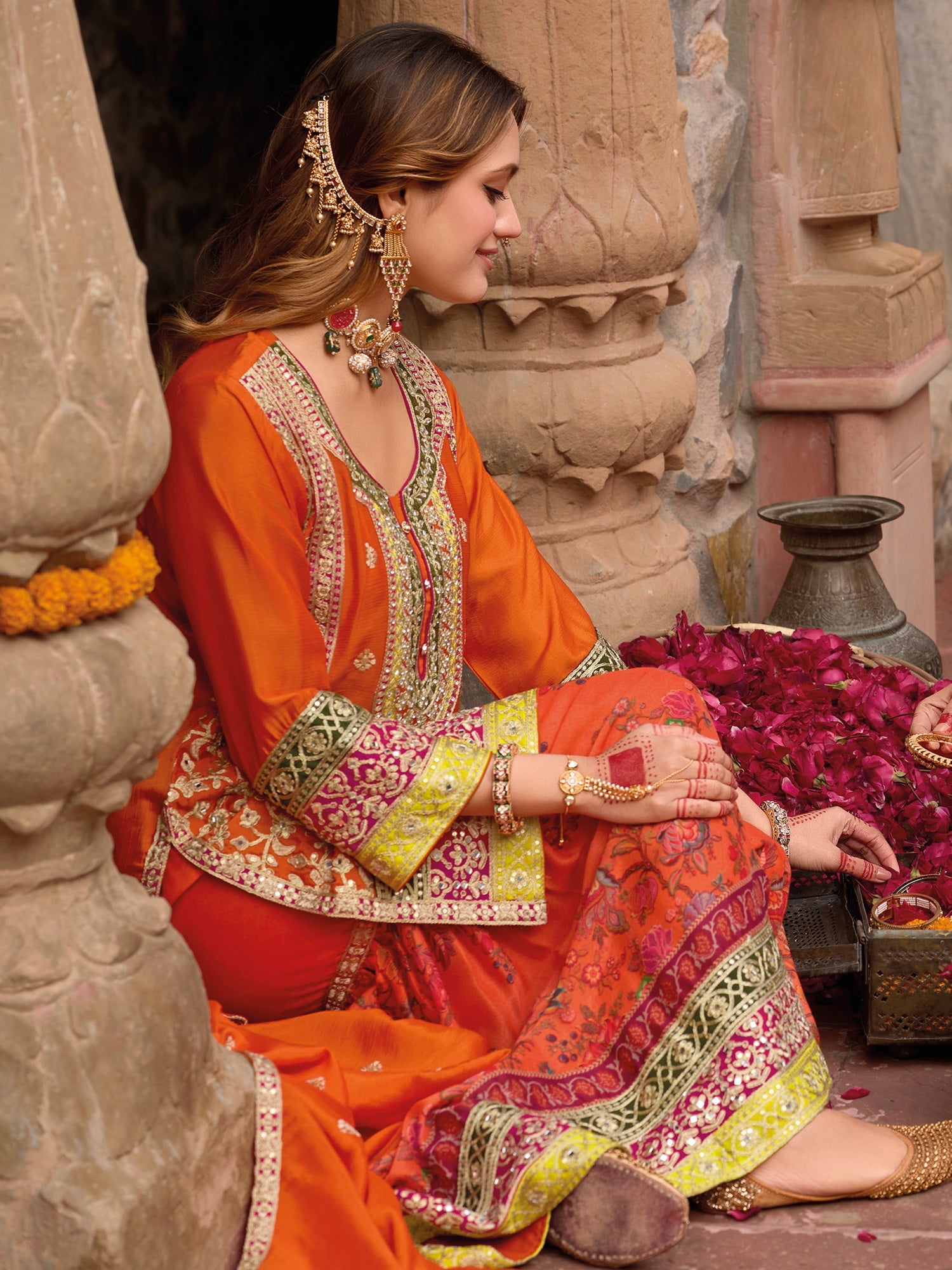 indo era, suit, kurta set for women, indo era kurta, kurta sets for ladies, summer dresses for women, 3 piece suit, cotton kurta set for women, new arrivals, women kurti plazo set, women in suit, kurta suit, floral kurta, short suit, spring summer, Orange suit