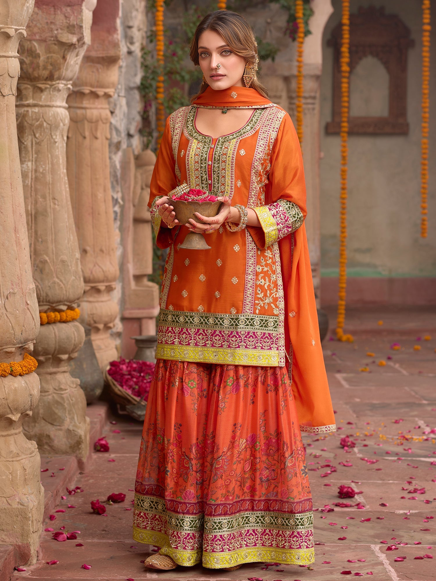 indo era, suit, kurta set for women, indo era kurta, kurta sets for ladies, summer dresses for women, 3 piece suit, cotton kurta set for women, new arrivals, women kurti plazo set, women in suit, kurta suit, floral kurta, short suit, spring summer, Orange suit