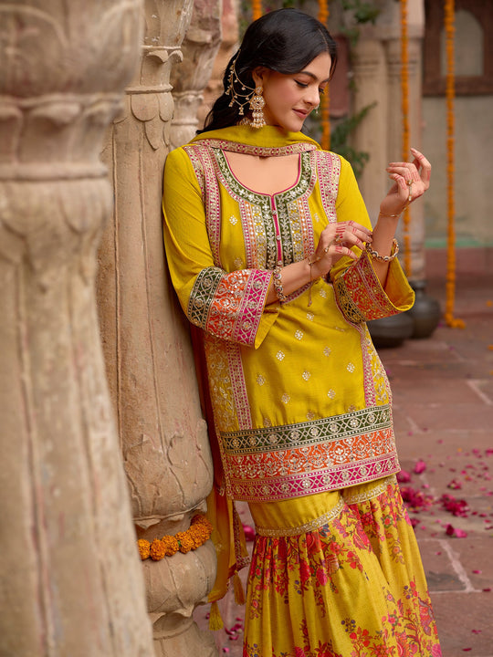 Indo Era Yellow Embroidered Straight Kurta Sharara With Dupatta Set
