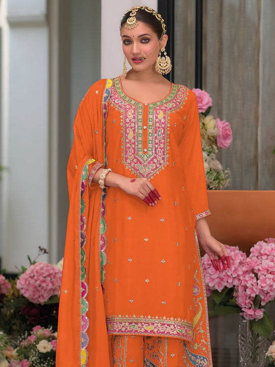 Indo Era Orange Embroidered Straight Kurta Palazzos With Dupatta Set