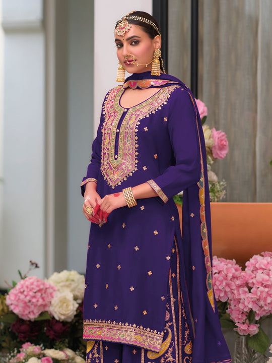 Indo Era Purple Embroidered Straight Kurta Palazzos With Dupatta Set