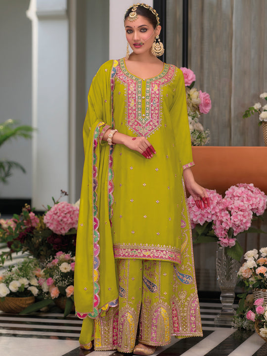 Indo Era Green Embroidered Straight Kurta Palazzos With Dupatta Set