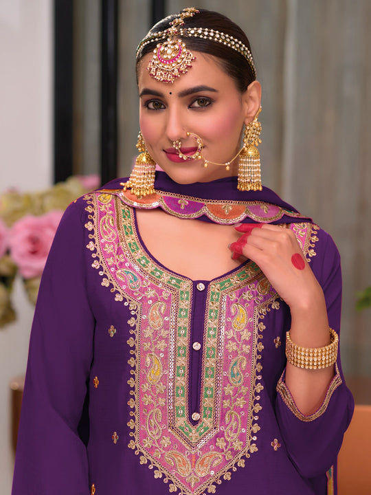 Indo Era Purple Embroidered Straight Kurta Palazzos With Dupatta Set