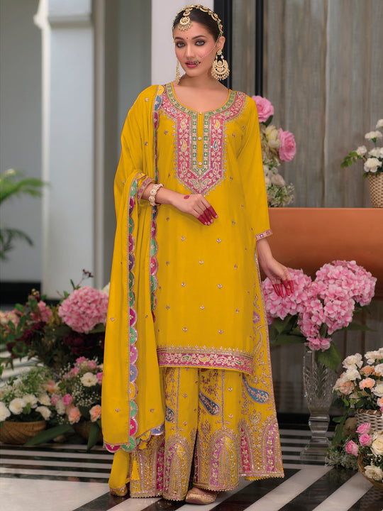 Indo Era Yellow Embroidered Straight Kurta Palazzos With Dupatta Set