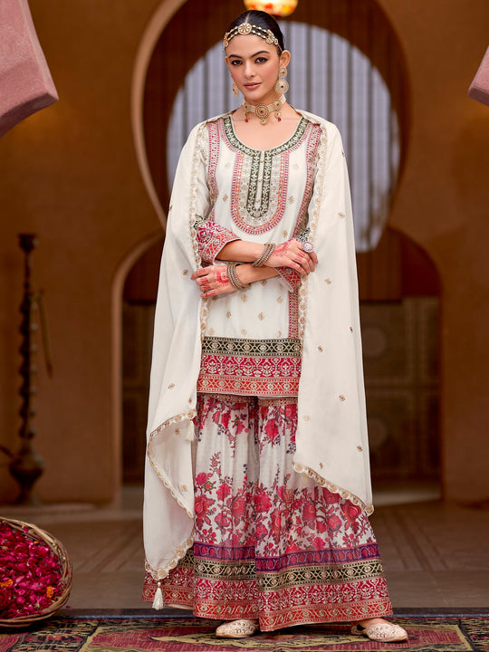 Indo Era White Embroidered Straight Kurta Sharara With Dupatta Set