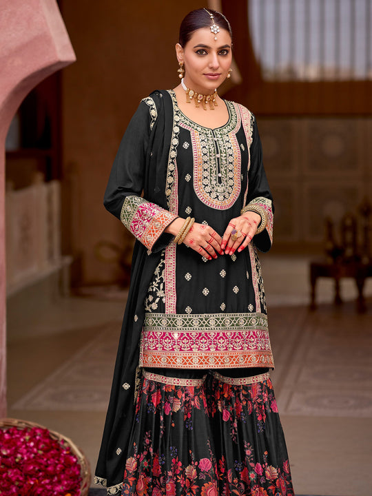 Indo Era Black Embroidered Straight Kurta Sharara With Dupatta